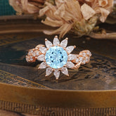 Nature-Inspired Sunflower 4-Prong Round Cut Aquamarine Engagement Ring